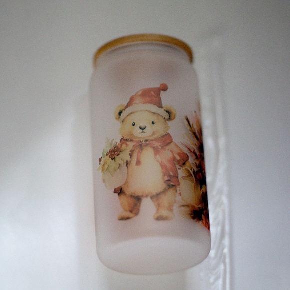 Merry Christmas Glasses cup 16 oz glass cup with Straw & Bamboo Lid. - Picture 6 of 8